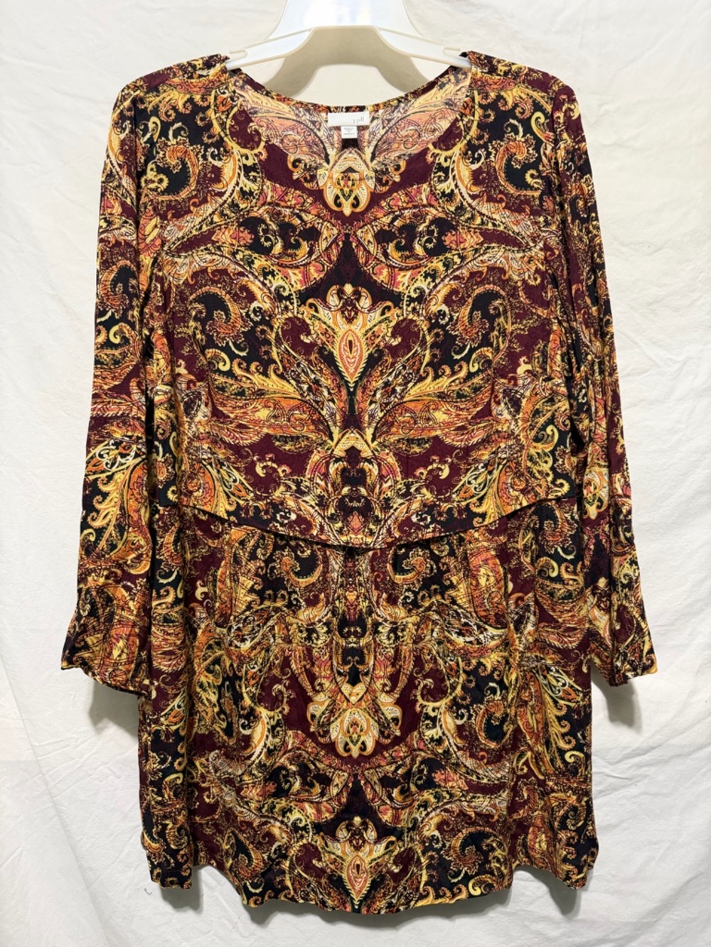 J. Jill Burgundy and Gold Paisley A-Line Long Sleeve Tunic Dress Size 2X - Picture 2 of 8